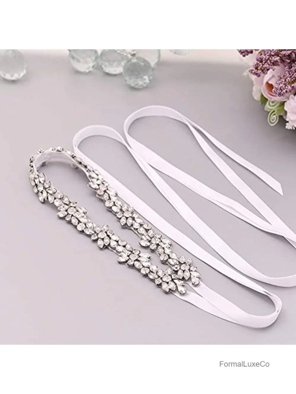 Thin Crystal Rhinestone Bridal Belt Waist Cincher with Self-Tie Ribbon